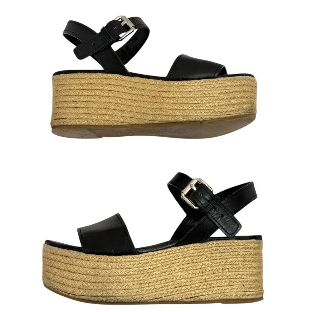 Prada Platform Espadrille Sandals Black Leather Open Toe Size EU 36.5/ US 6.5 - Picture 4 of 16